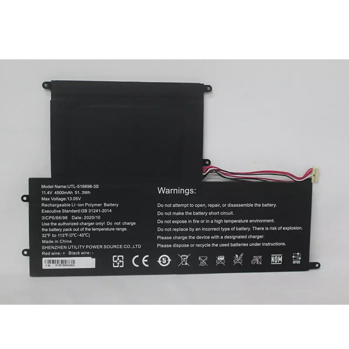 Replacement UTL-516698-3S 516698-3S Battery for Evoo EVC156-1BK EVC156-2BK ECV156-1 ECV15